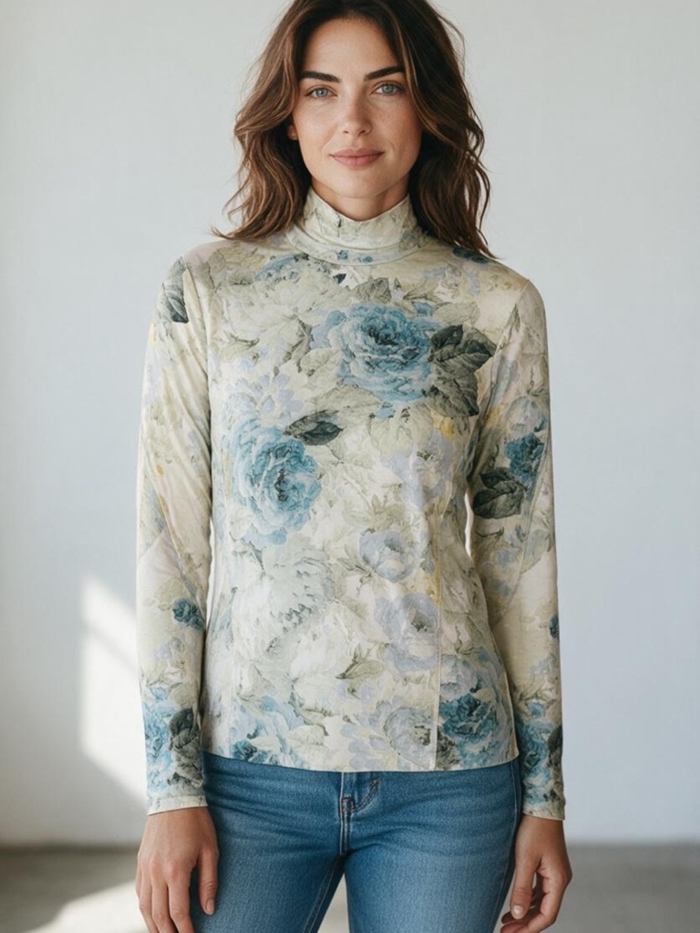 H&M Floral Mock Neck Long Sleeve Top in Blue and Cream